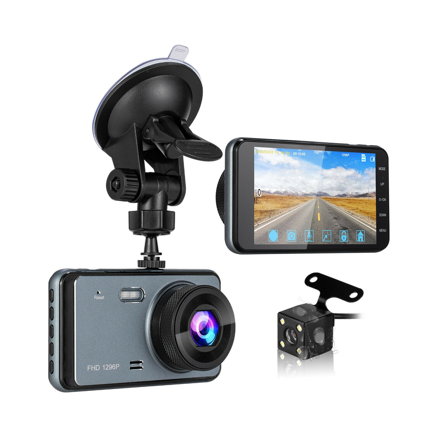 Caméra de tableau de bord double HD intégrale 1296P avec vision nocturne grand-angle 140° 4 po pour l’auto