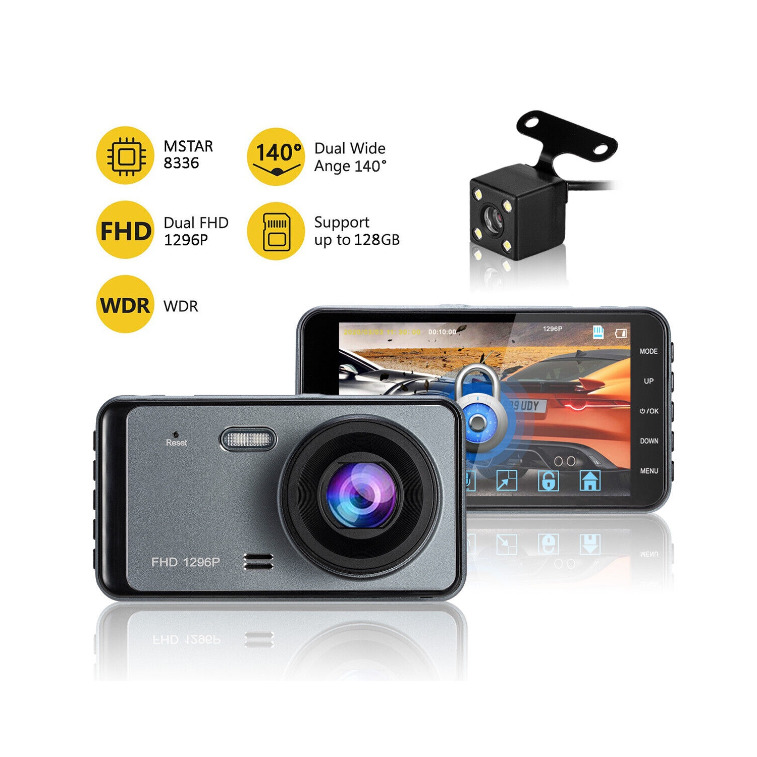 Caméra de tableau de bord double HD intégrale 1296P avec vision nocturne grand-angle 140° 4 po pour l’auto