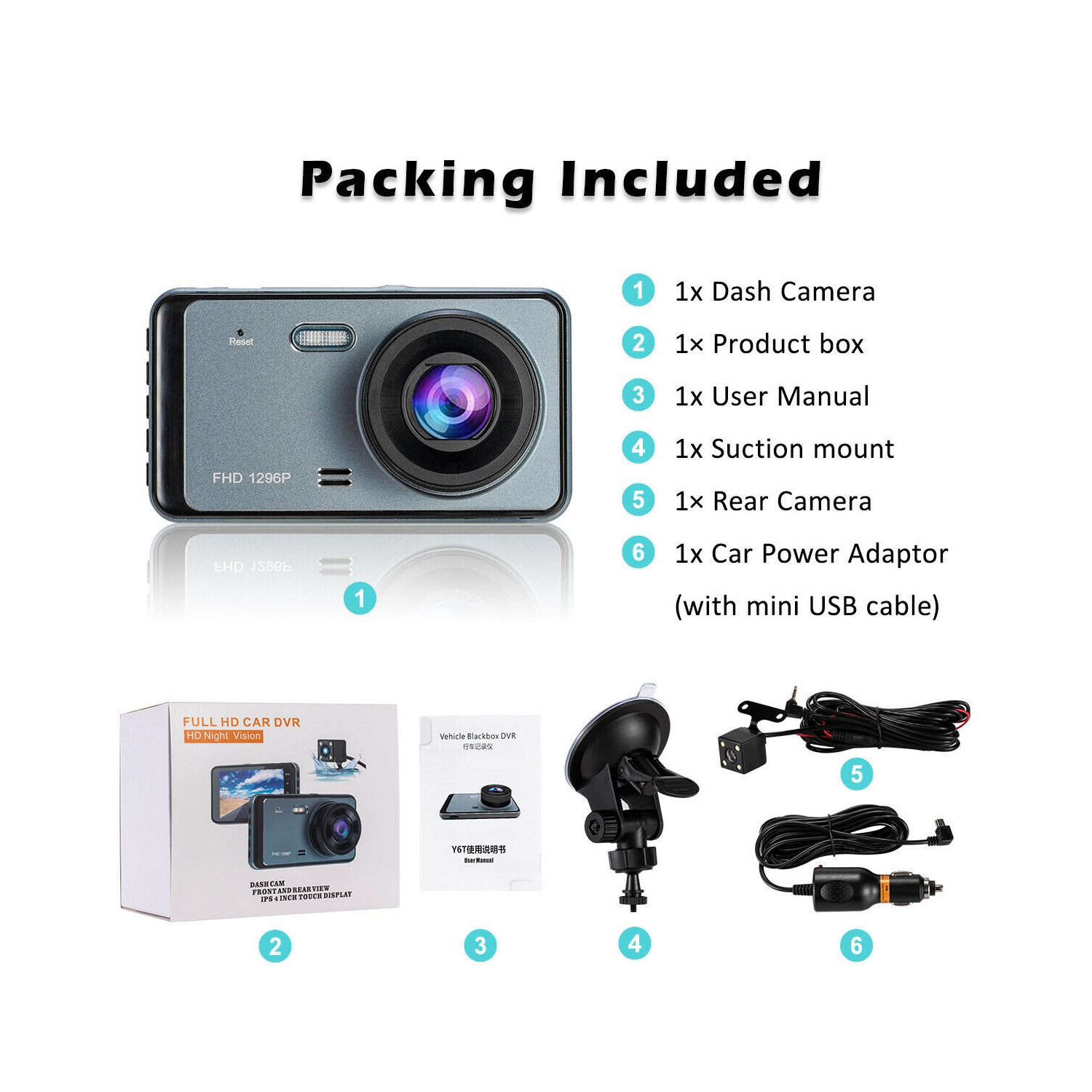 Caméra de tableau de bord double HD intégrale 1296P avec vision nocturne grand-angle 140° 4 po pour l’auto