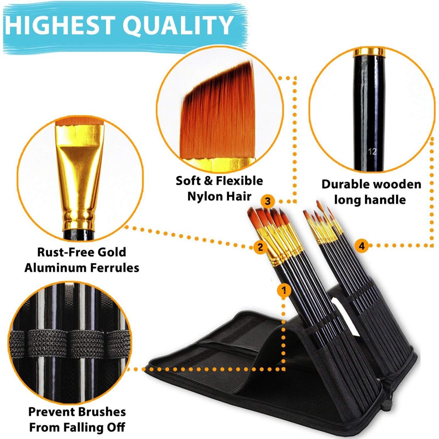 PAQUET DE 15 PINCEAUX D'ARTISTE BRUN SABLE EN ACRYLIQUE