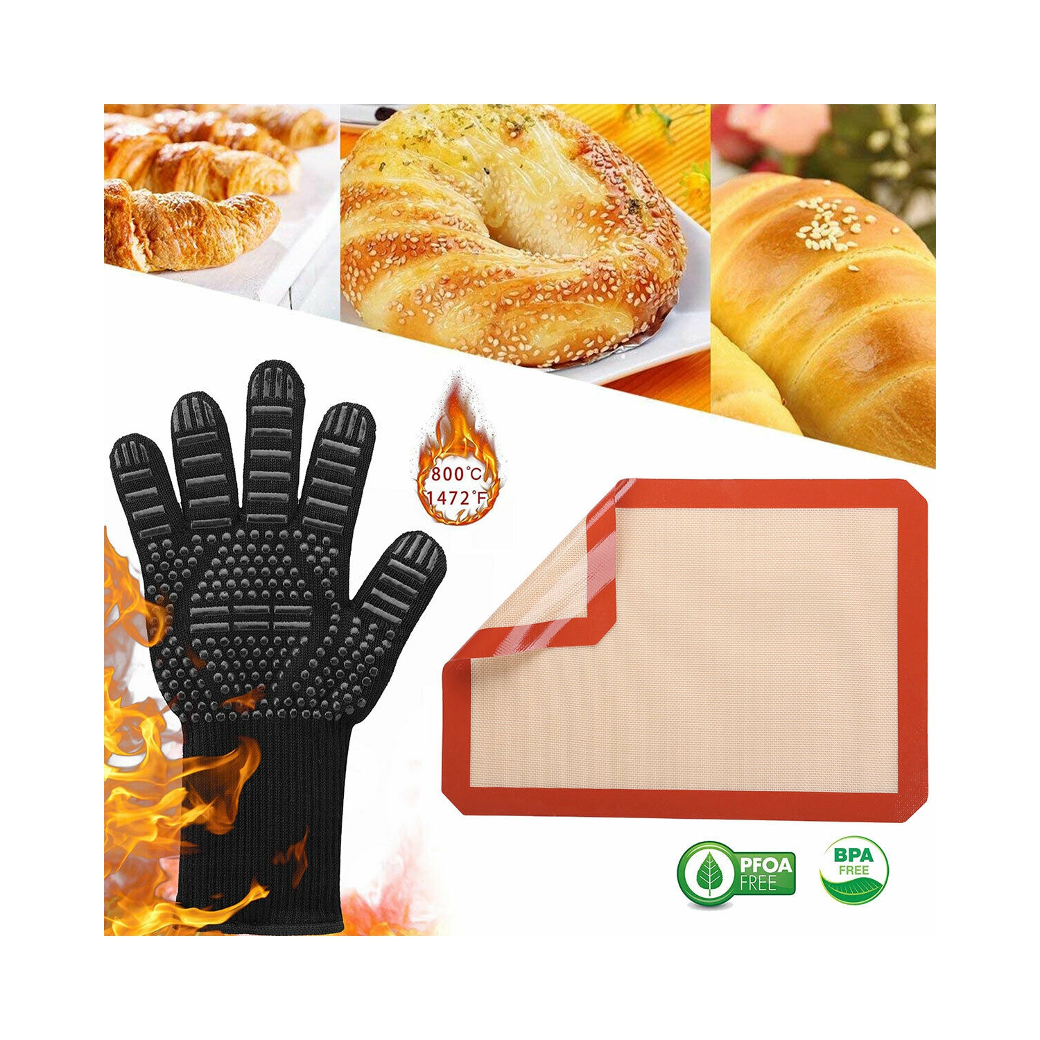 Gants de barbecue Extreme 1472 résistant à la chaleur, gants de four et tapis de cuisson, rouge antiadhésif