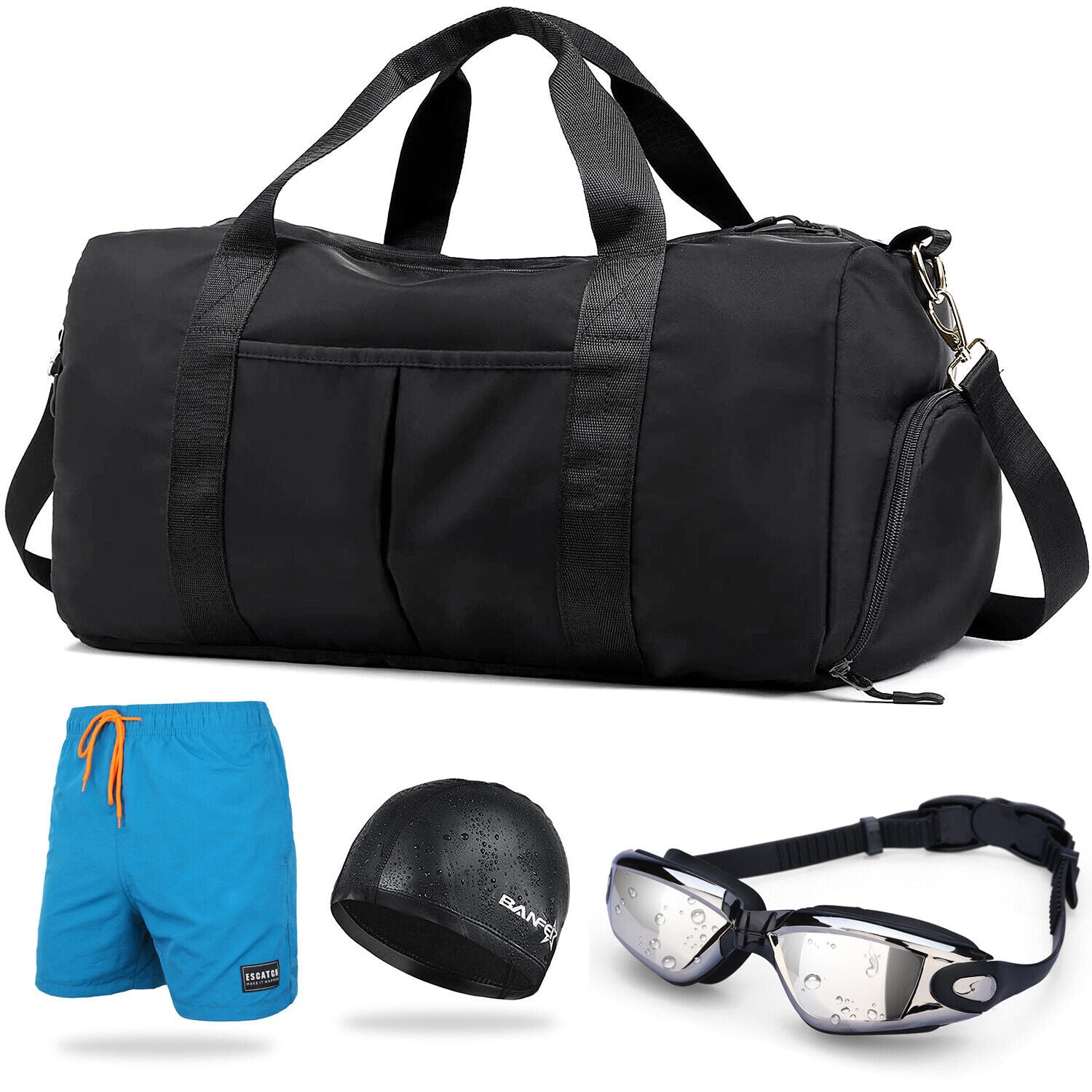 Sac de sport noir, capuchon en polyuréthane, lunettes et caleçon de bain antibuée et UV pour hommes au