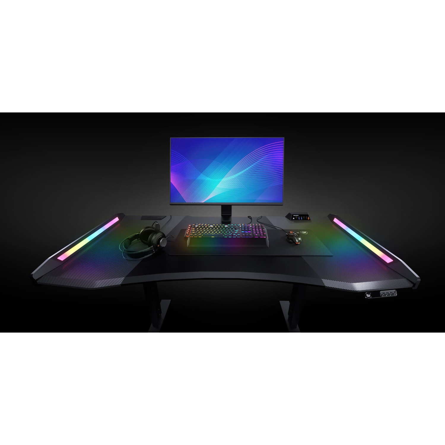 Cougar E-MARS – Bureau de jeu électrique 59&nbsp;pouces, fibre de carbone, effets lumineux RVBA recto verso et boîte de commande E/S USB et prise