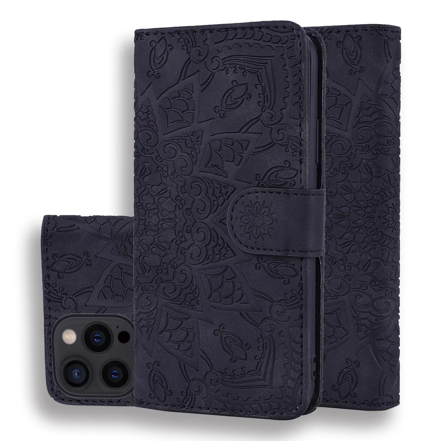 LEDEX Embossed Mandala Flip Wallet Case with Card Holder Leather Kickstand Magnetic Shockproof Cover with Credit Card Holder Stand for iPhone 14 Pro