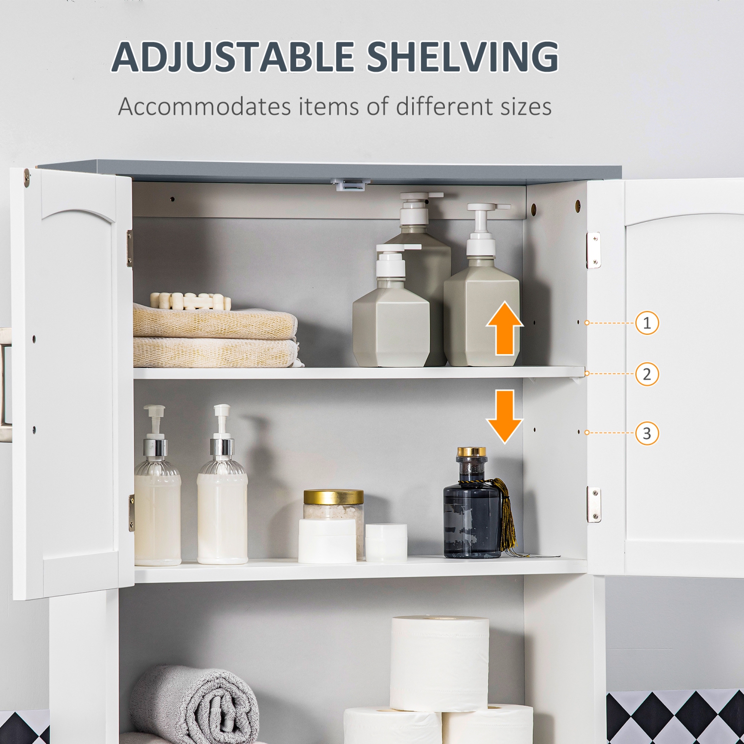 kleankin Modern Over The Toilet Storage Cabinet, Double Door Over Toilet Bathroom Organizer with Adjustable Shelf and Open Shelf, Space Saver, White