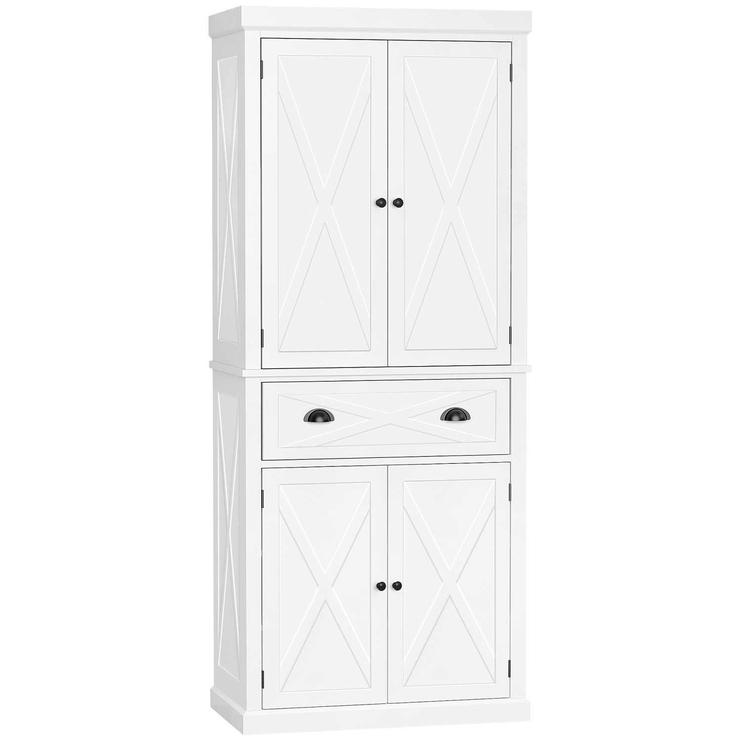 HOMCOM 72.5" Tall Kitchen Pantry Cabinet, Farmhouse Freestanding Kitchen Storage Cabinet with 4 Barn Doors, Drawer and Adjustable Shelves, White
