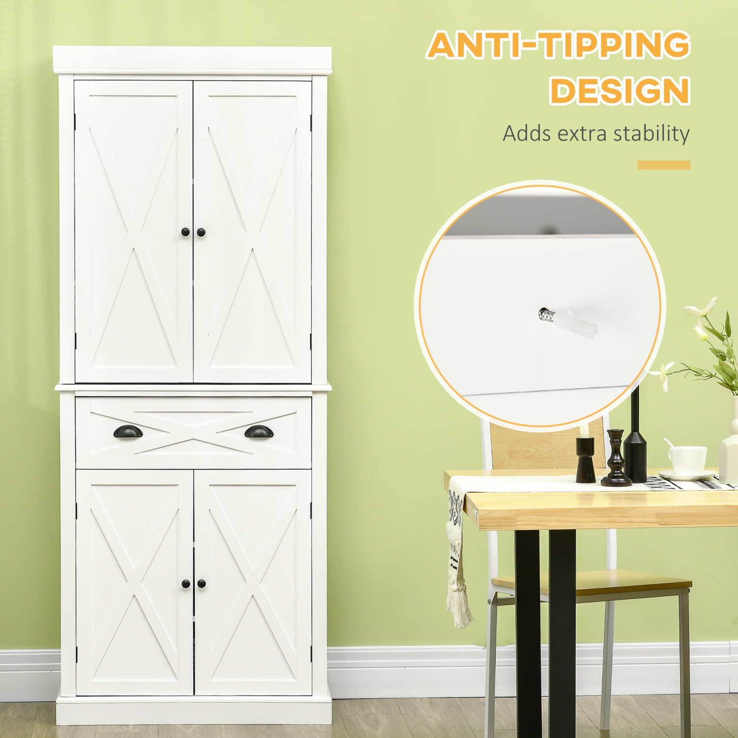 HOMCOM 72.5" Tall Kitchen Pantry Cabinet, Farmhouse Freestanding Kitchen Storage Cabinet with 4 Barn Doors, Drawer and Adjustable Shelves, White