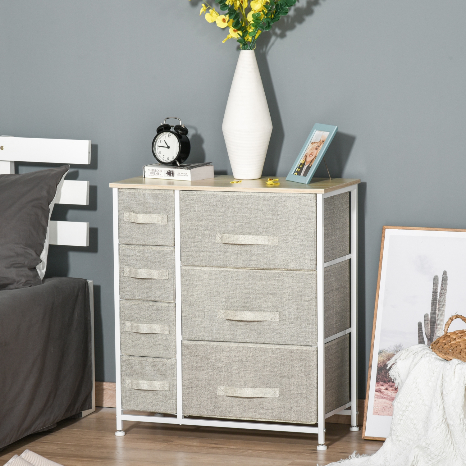 HOMCOM Dresser for Bedroom with 7 Drawers, Chest of Drawers with Metal Frame, Fabric Dresser for Living Room, Entryway, Hallway, Light Grey