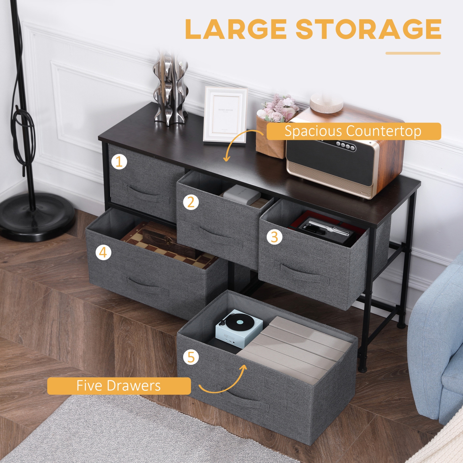 HOMCOM Linen Drawer Cabinet Organizer Storage Dresser Tower with 5 Removable Drawer Metal Frame Adjustable Feet for Living Room, Kitchen, Bathroom,
