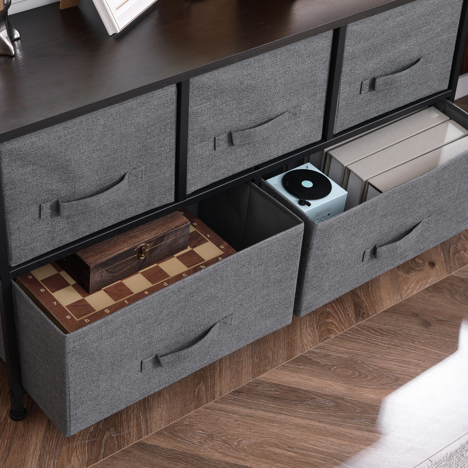 HOMCOM Linen Drawer Cabinet Organizer Storage Dresser Tower with 5 Removable Drawer Metal Frame Adjustable Feet for Living Room, Kitchen, Bathroom,