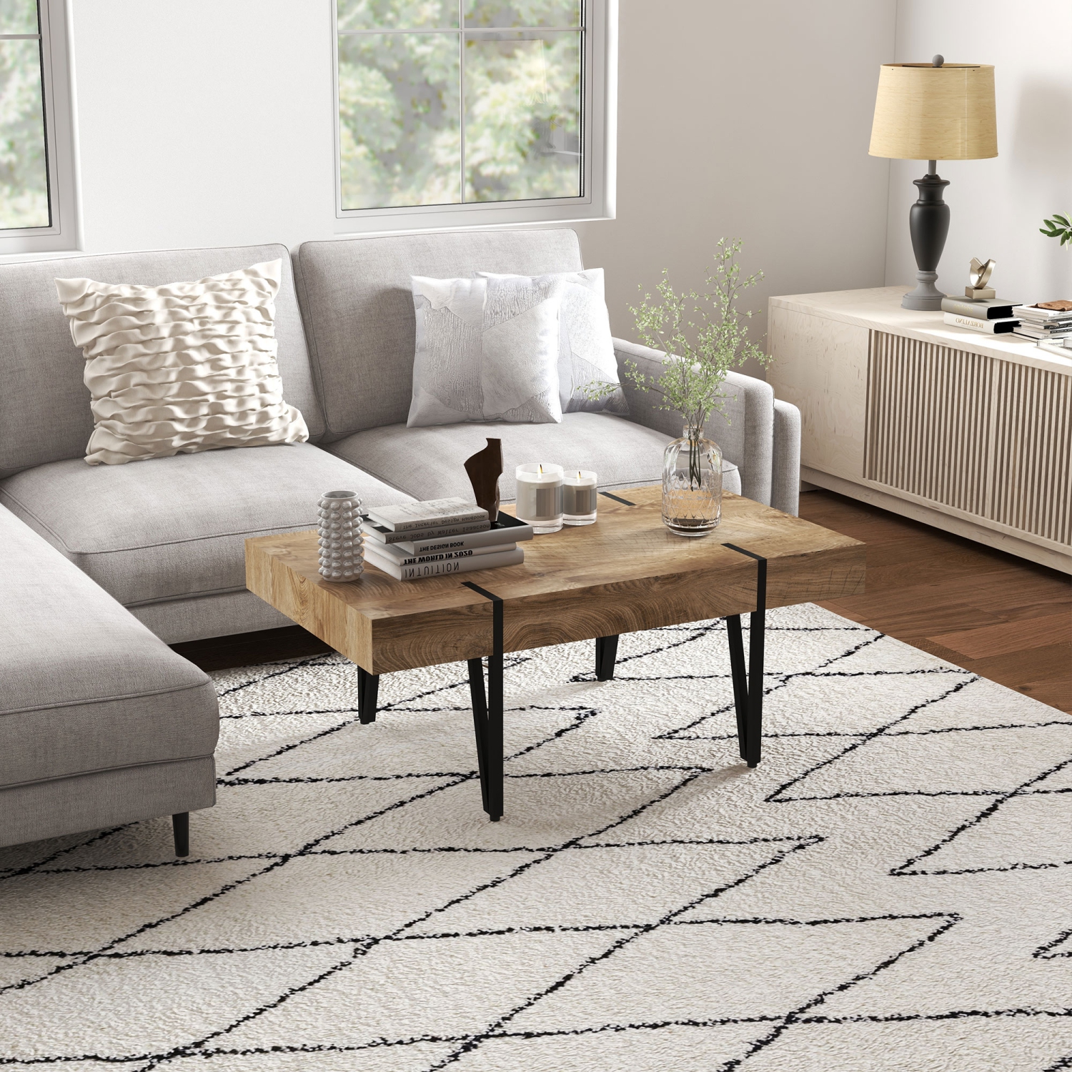 HOMCOM Rustic Coffee Table, Rectangle Nature Central Table with Steel Hairpin Legs for Living Room