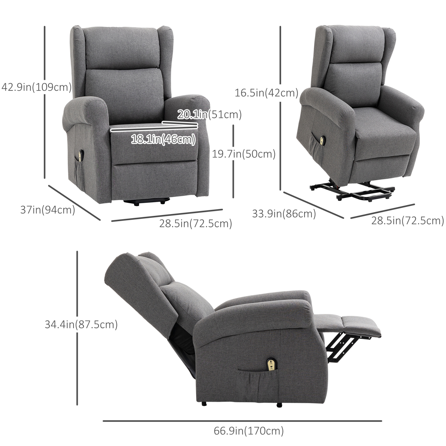 HOMCOM Power Lift Chair for Elderly, Linen Wingback Electric Recliner Chair with Footrest, Remote Control, Side Pockets for Living Room, Grey