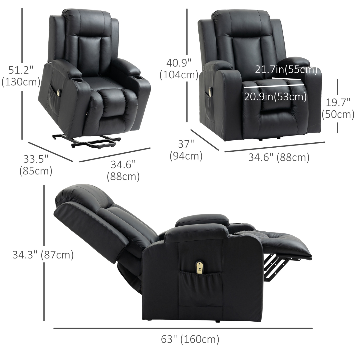 Fauteuil inclinable électrique pour personnes âgées de HOMCOM, fauteuil inclinable en cuir PU avec repose-pieds, télécommande, pochettes latérales et