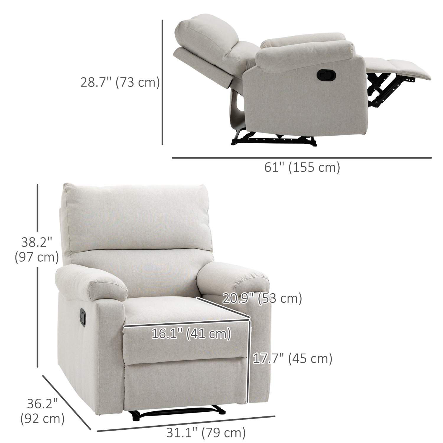 HOMCOM Recliner Chair, Upholstered Manual Reclining Sofa Chair with Padded Seat, Footrest for Living Room, Study, Bedroom, Cream White