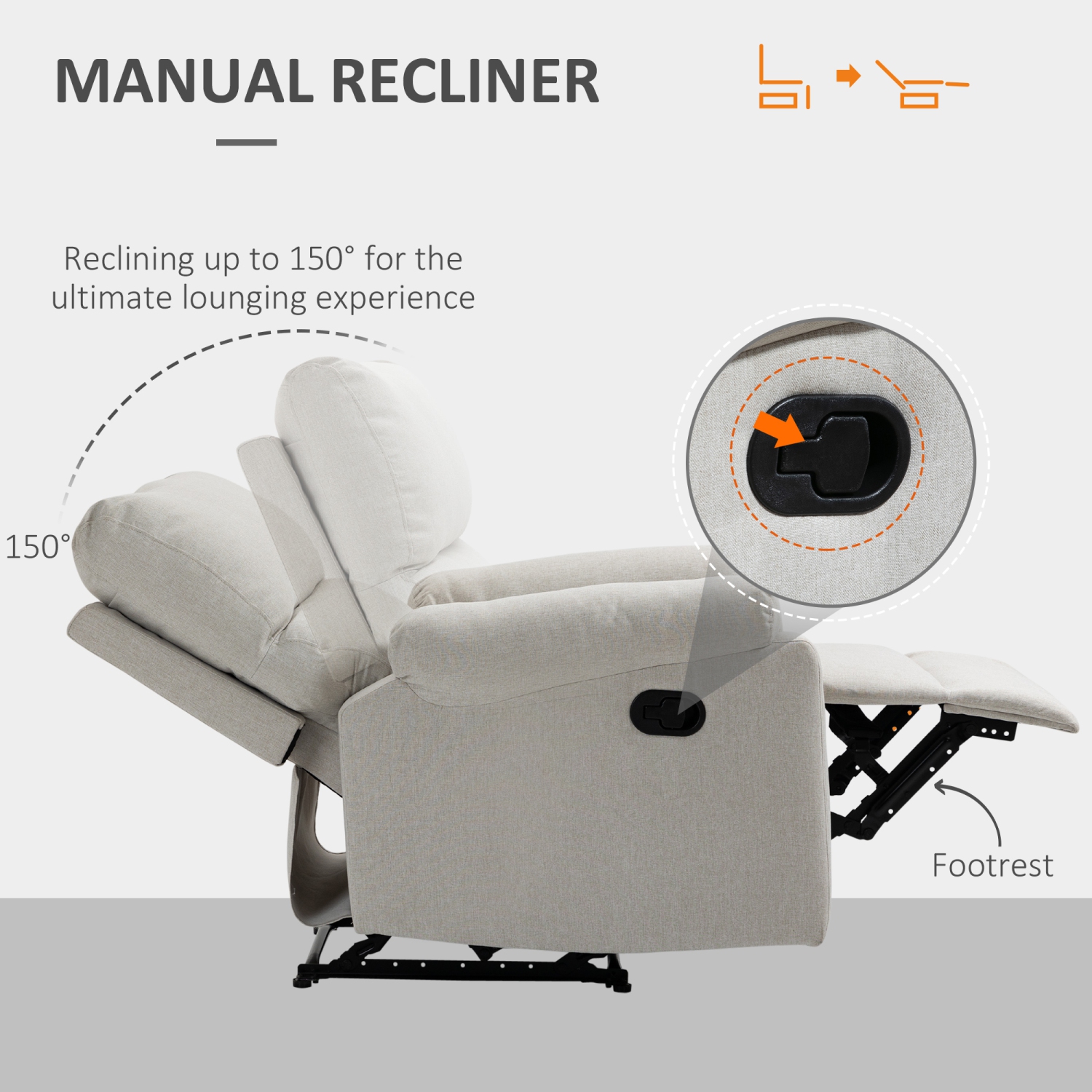HOMCOM Recliner Chair, Upholstered Manual Reclining Sofa Chair with Padded Seat, Footrest for Living Room, Study, Bedroom, Cream White