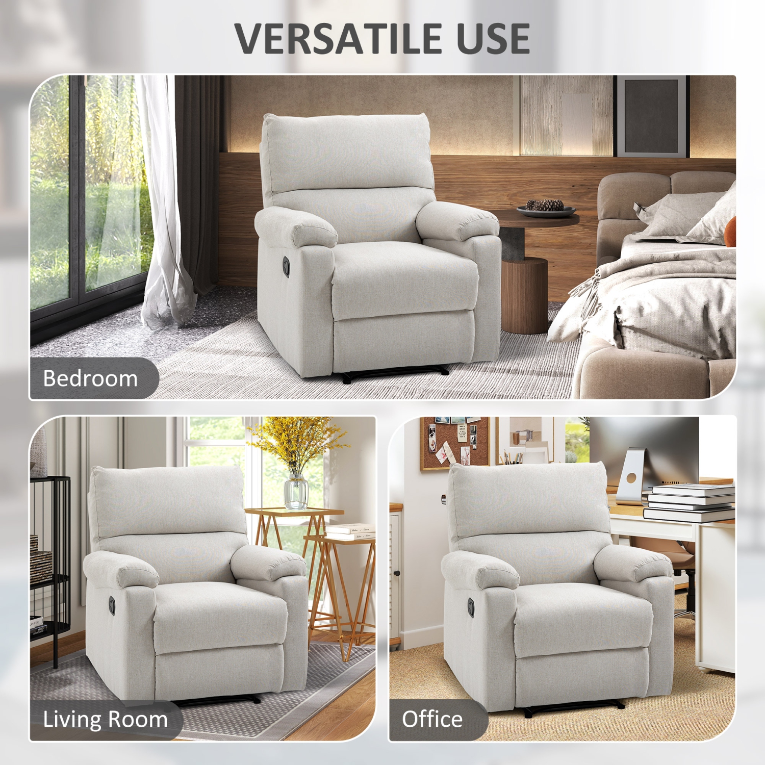 HOMCOM Recliner Chair, Upholstered Manual Reclining Sofa Chair with Padded Seat, Footrest for Living Room, Study, Bedroom, Cream White