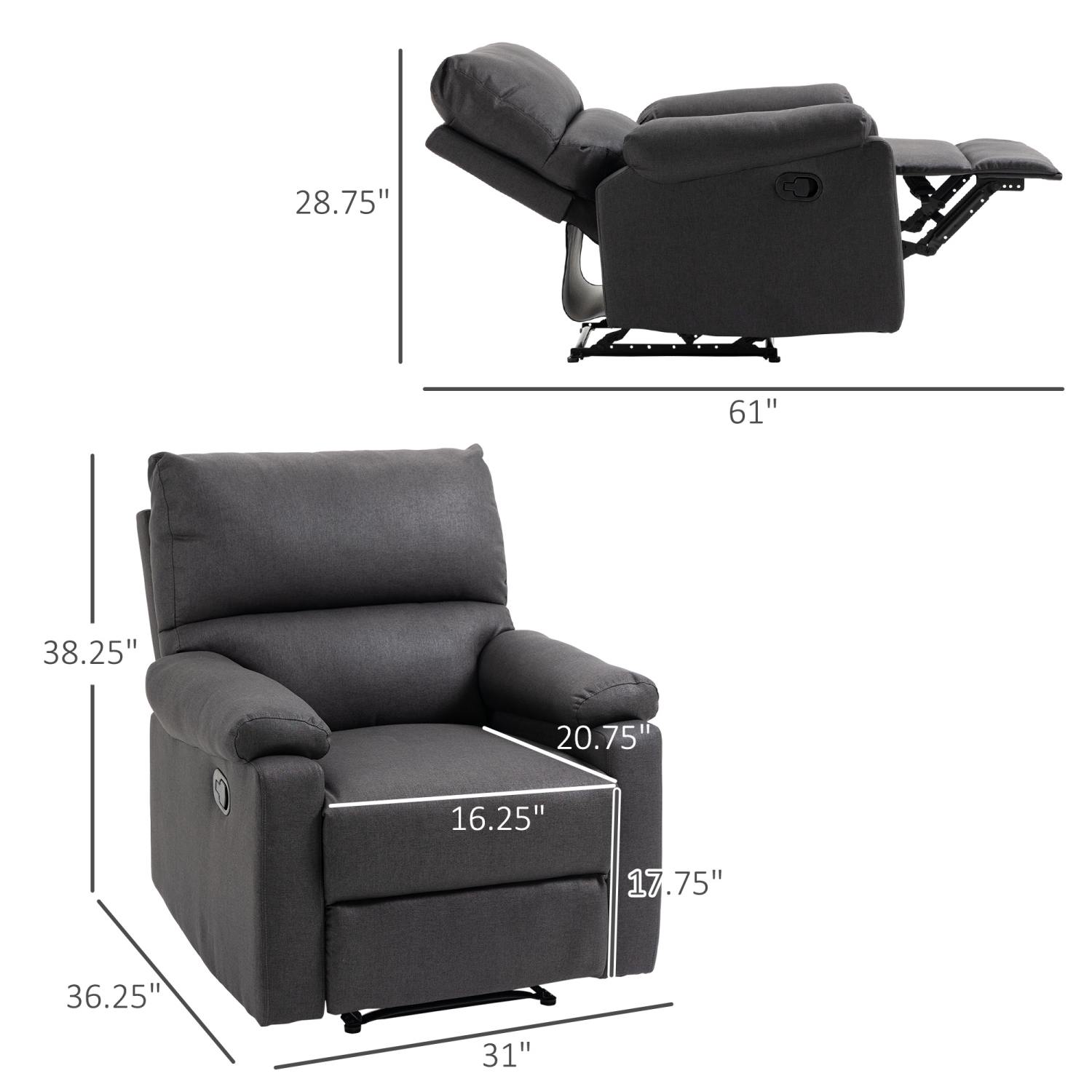 HOMCOM Fauteuil inclinable manuel avec repose-pieds pour salon, chambre, bureau, gris foncé
