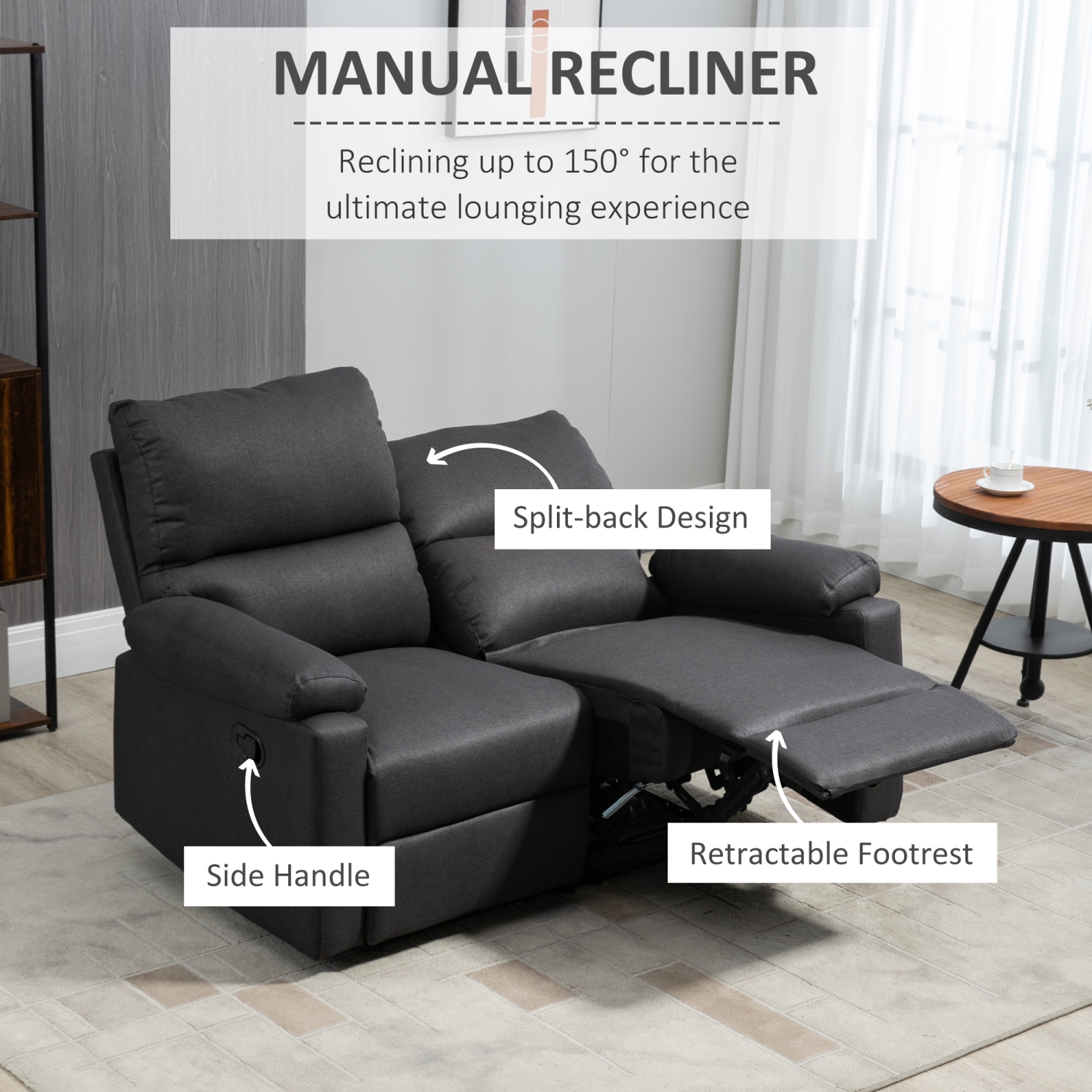 HOMCOM Double Reclining Loveseat, 2 Seater Manual Recliner Chair, Upholstered Reclining Sofa Chair with Footrest and Split Backrest, Dark Grey