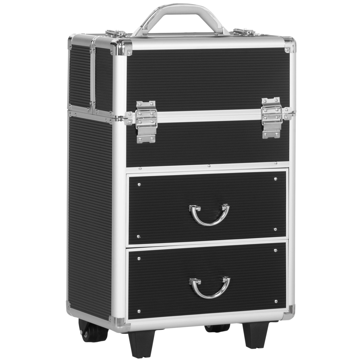 HOMCOM Aluminum Rolling Makeup Train Case, Portable Professional Cosmetic Makeup Case, Lockable Traveling Cart Trunk with Folding Trays, Swivel