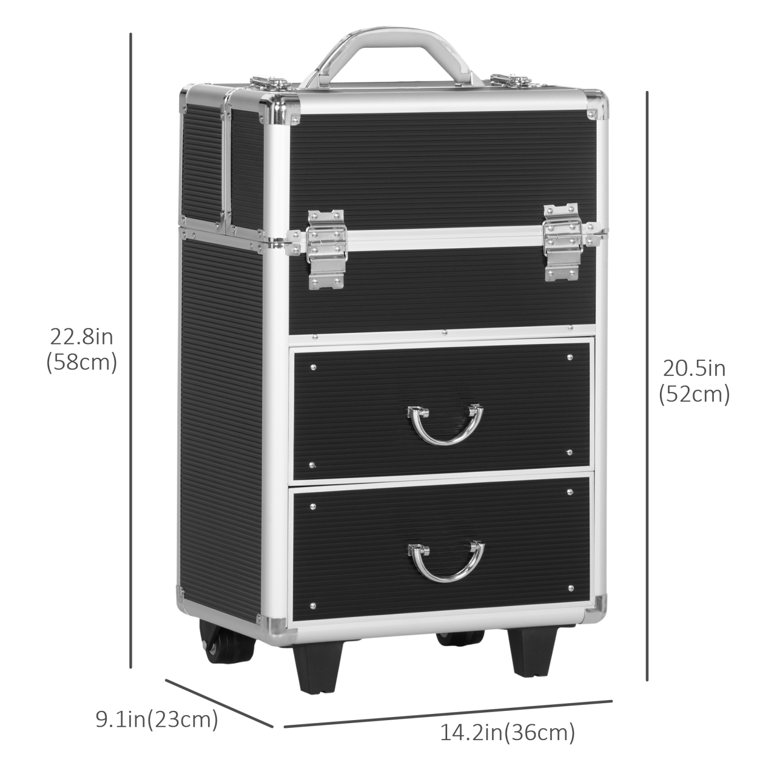 HOMCOM Aluminum Rolling Makeup Train Case, Portable Professional Cosmetic Makeup Case, Lockable Traveling Cart Trunk with Folding Trays, Swivel