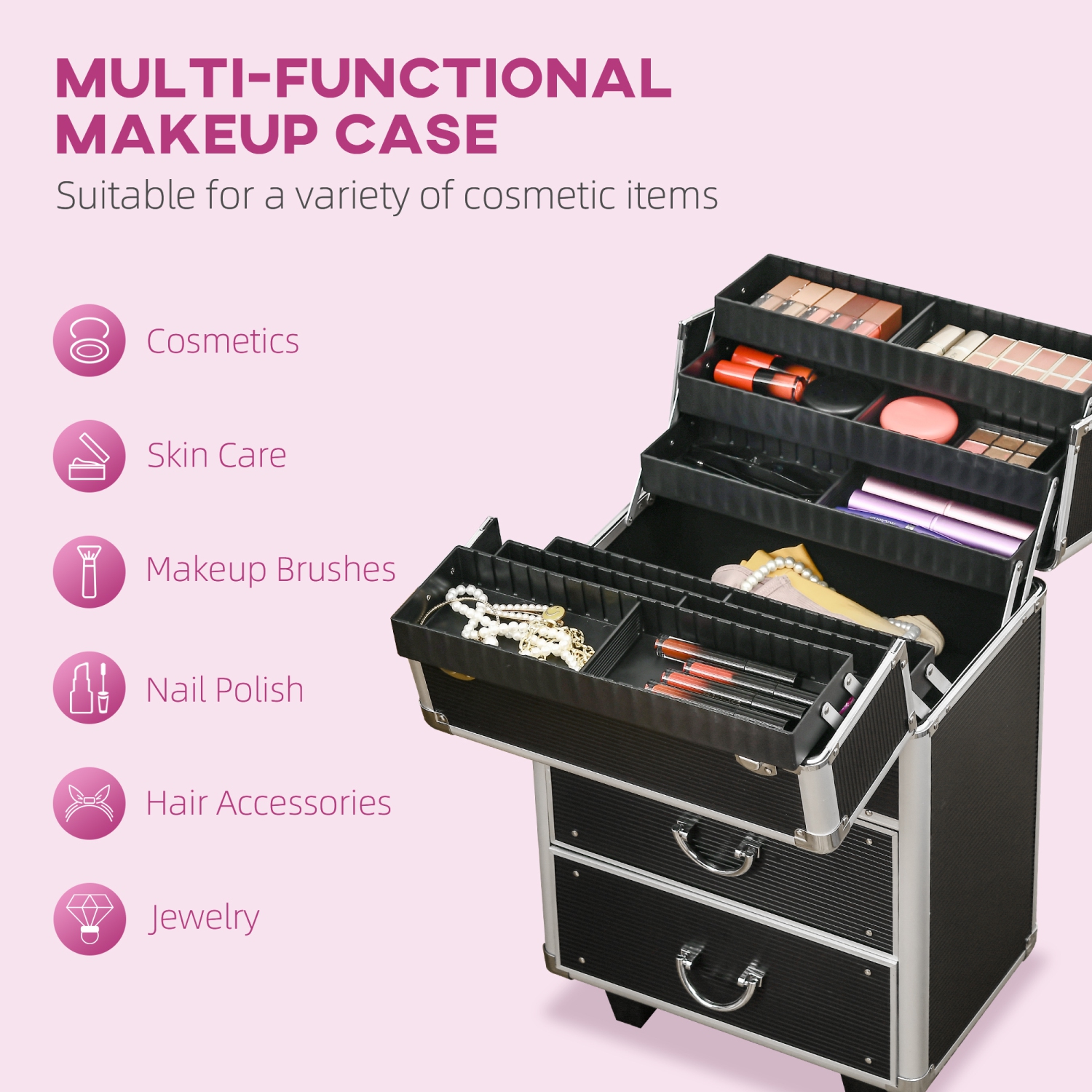 HOMCOM Aluminum Rolling Makeup Train Case, Portable Professional Cosmetic Makeup Case, Lockable Traveling Cart Trunk with Folding Trays, Swivel