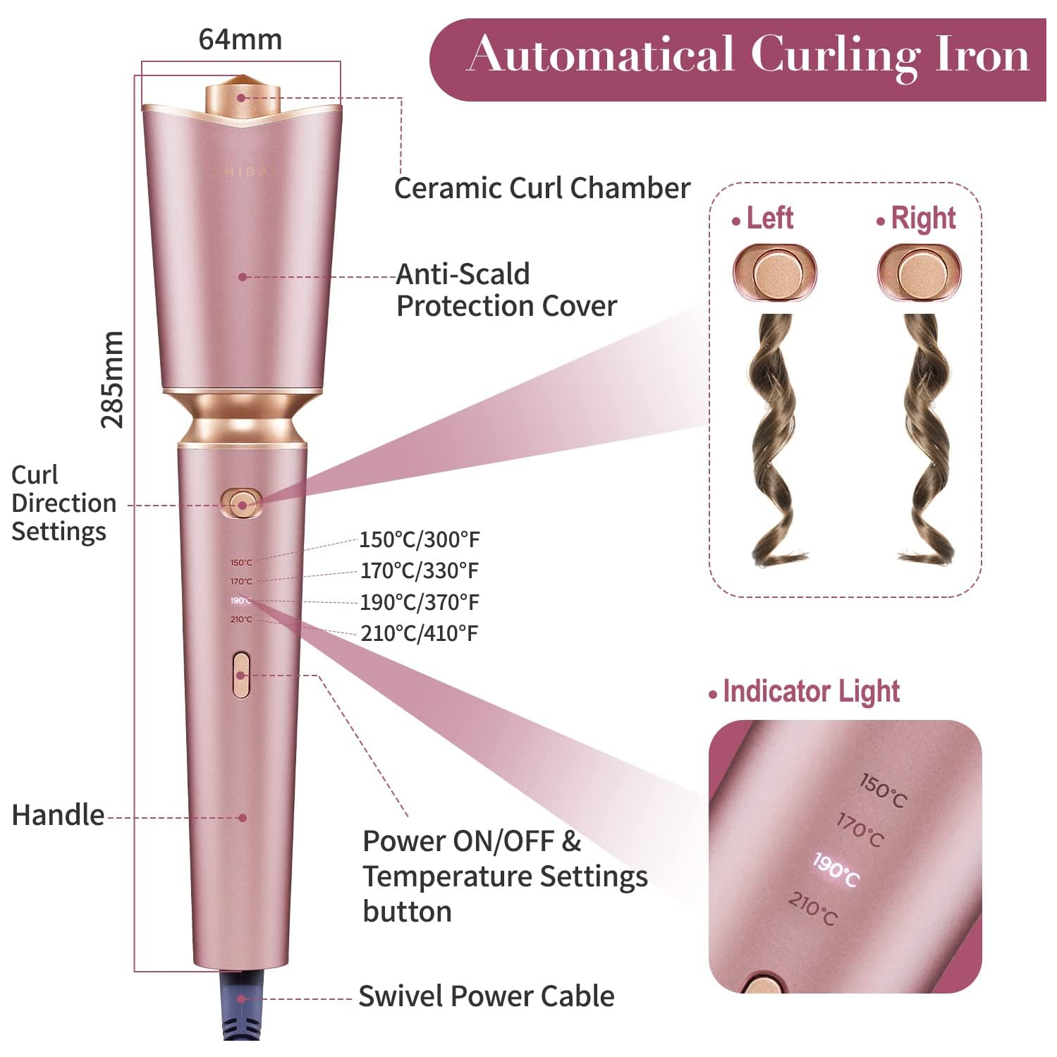 Zhibai Auto Shut-Off Beach Waves Culing Wand with 1''Ceramic Barrel, Fast Heating for Lasting Hair Culer Styling Tool-Pink