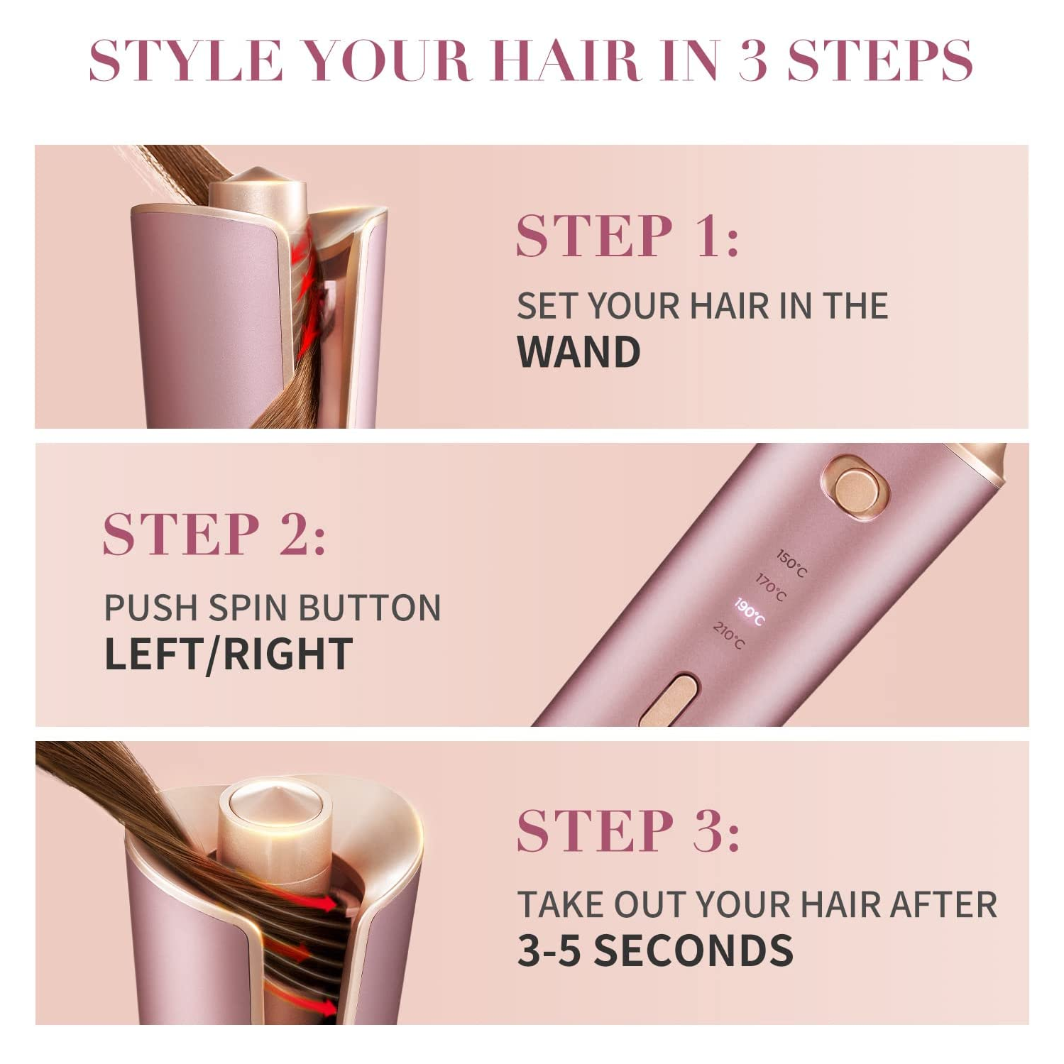 Zhibai Auto Shut-Off Beach Waves Culing Wand with 1''Ceramic Barrel, Fast Heating for Lasting Hair Culer Styling Tool-Pink