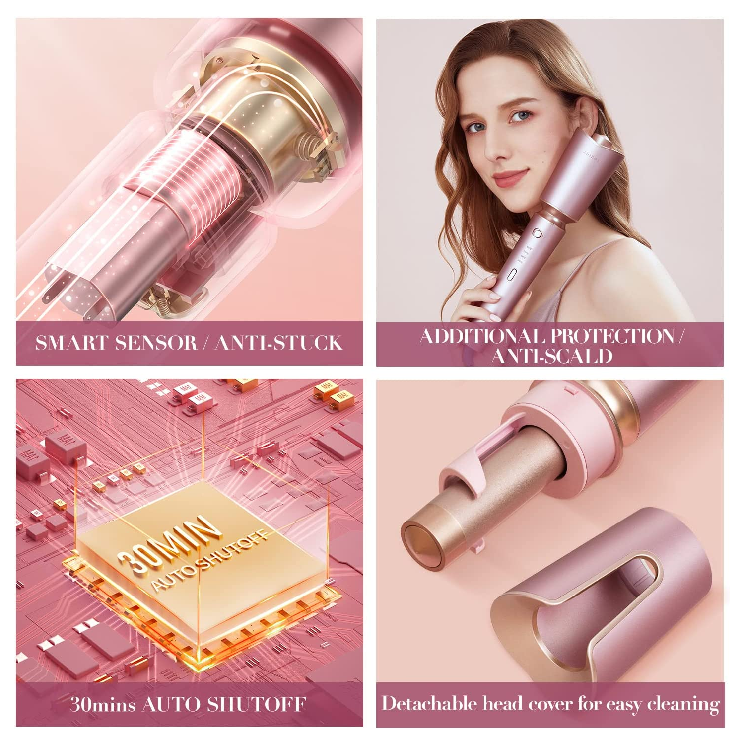 Zhibai Auto Shut-Off Beach Waves Culing Wand with 1''Ceramic Barrel, Fast Heating for Lasting Hair Culer Styling Tool-Pink