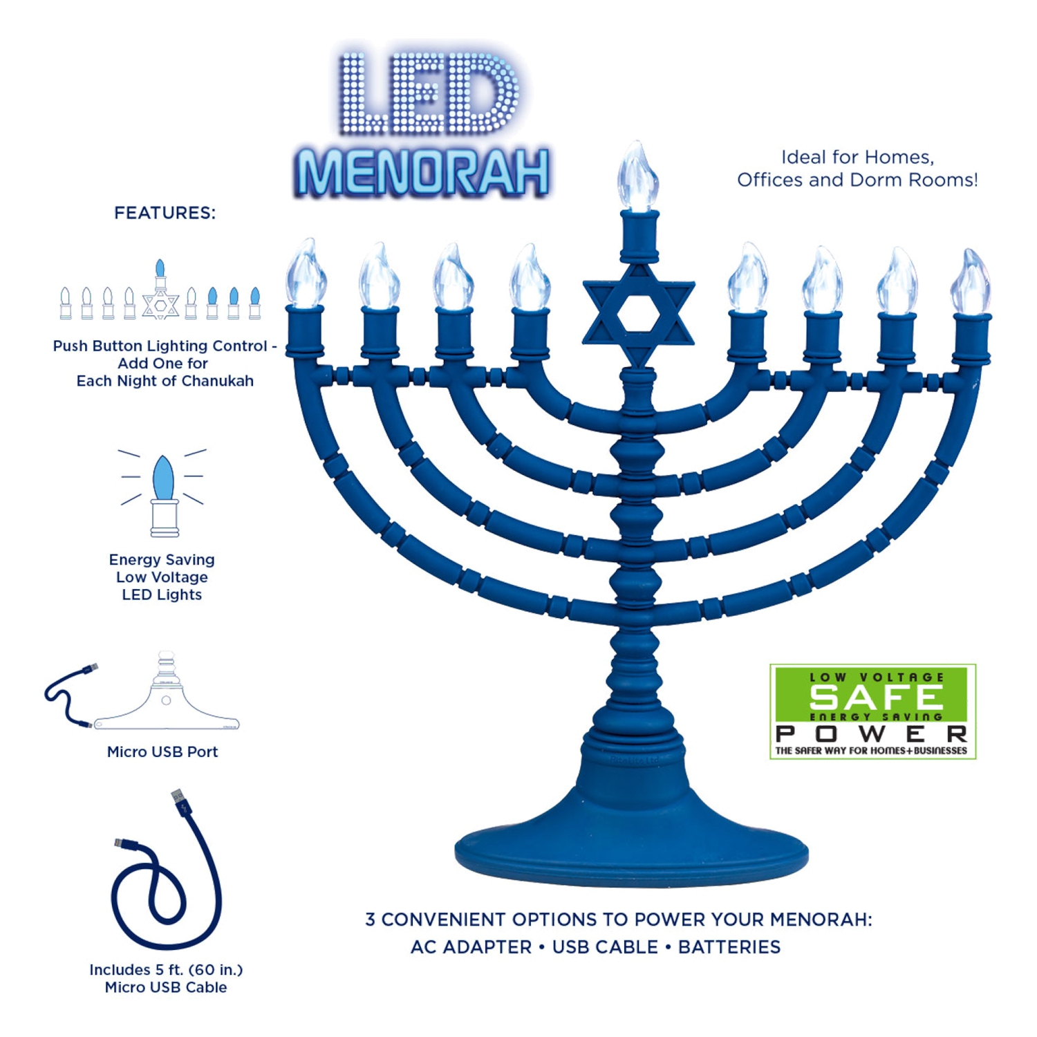 11.5-Inch Blue Star of David Hanukkah Menorah LED Bulbs