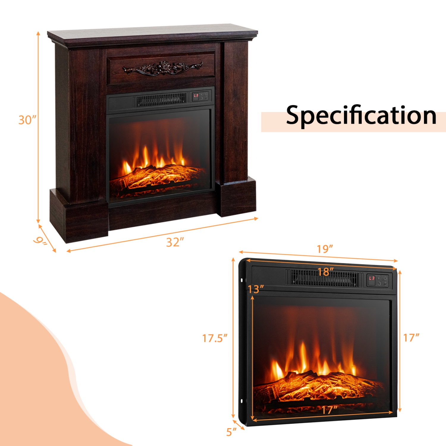 Costway 32" Electric Fireplace Mantel TV Stand Space Heater w/Remote Control 1400W