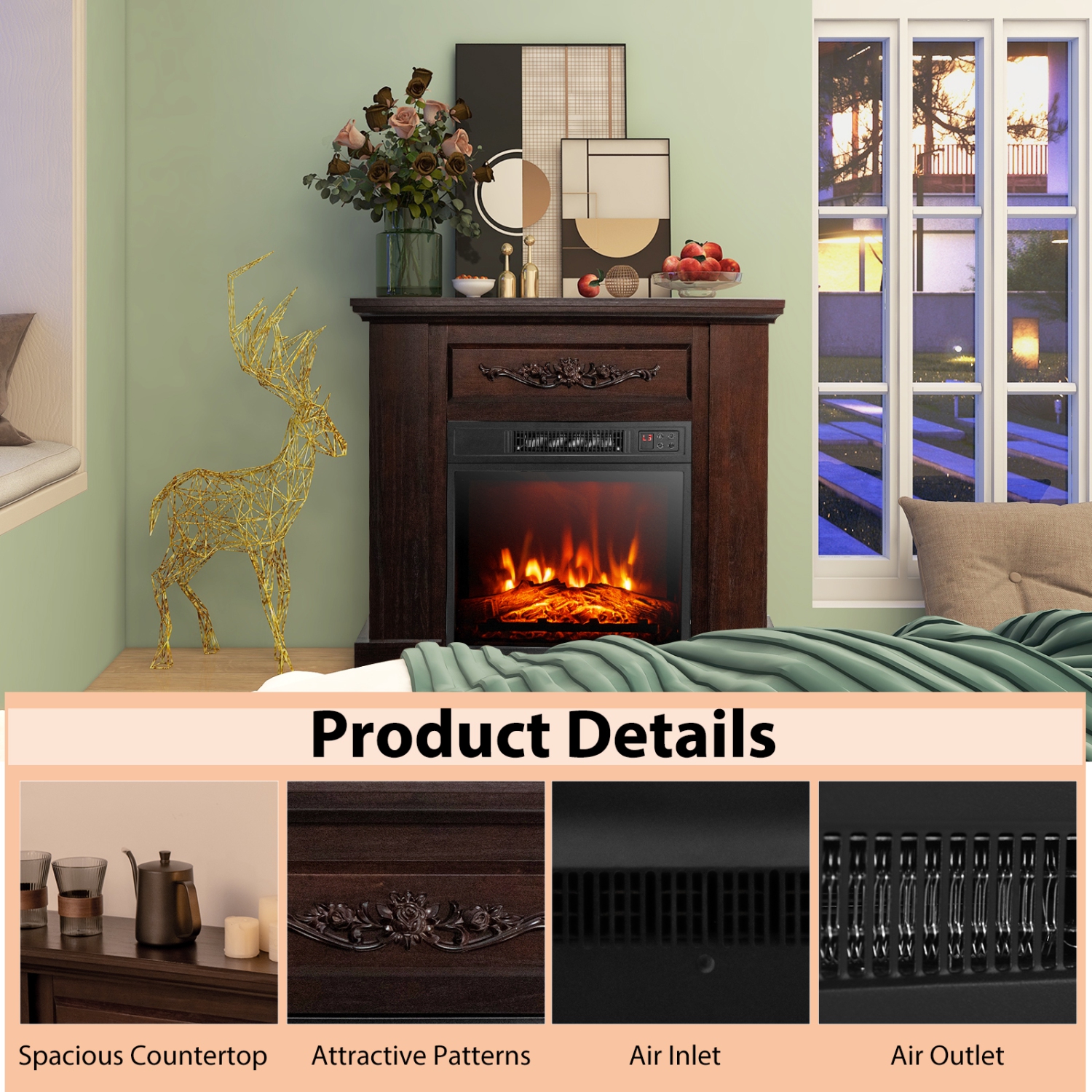 Costway 32" Electric Fireplace Mantel TV Stand Space Heater w/Remote Control 1400W