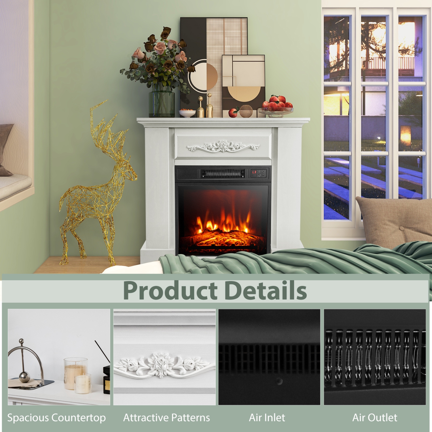 Costway 32" Electric Fireplace Mantel TV Stand Space Heater w/Remote Control 1400W