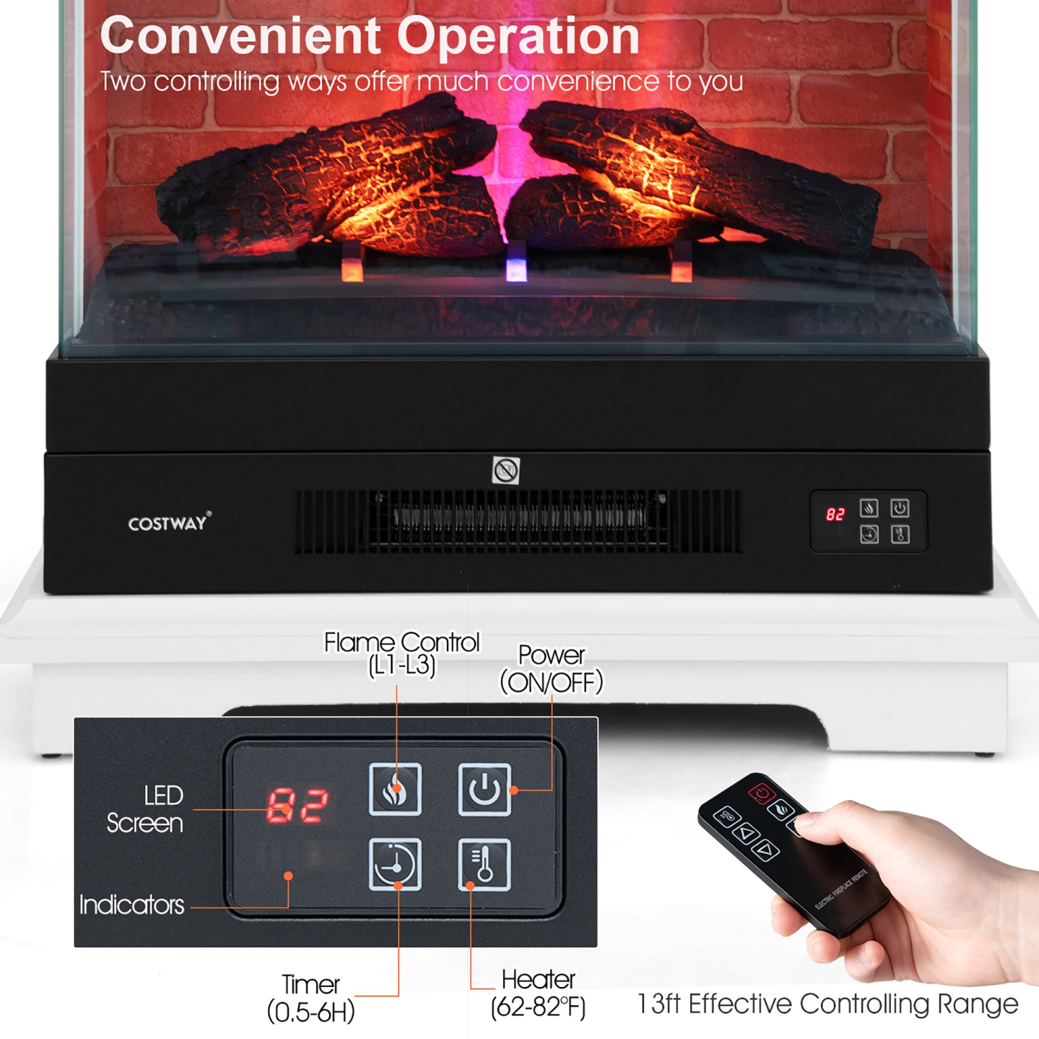 Costway 27" Freestanding Electric Fireplace Heater w/ 3-Level Flame Thermostat White