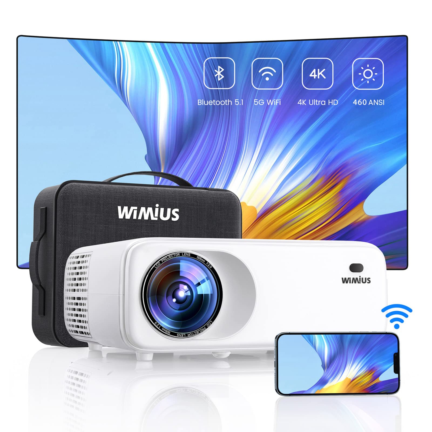 WIMIUS W6 Native 1080P 5G WiFi Bluetooth 4K Projector, 400 ANSI Outdoor Projector with 300" Display , 4P/4D Keystone, 50% Zoom, Video Projector Compatible iOS/Android/TV Stick