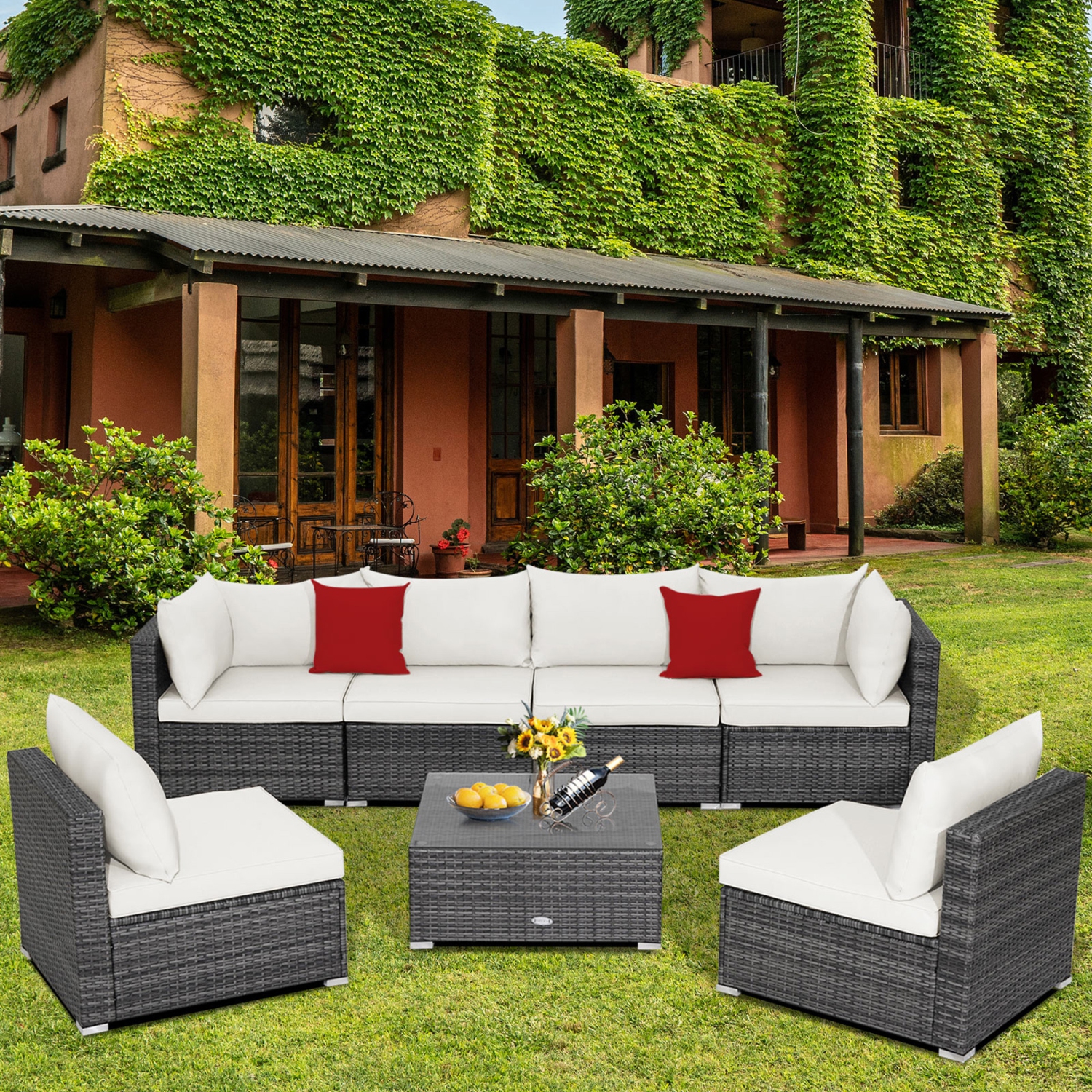 Gymax 7PCS Patio Rattan Sectional Sofa Set Outdoor Furniture Set w/ Cushions