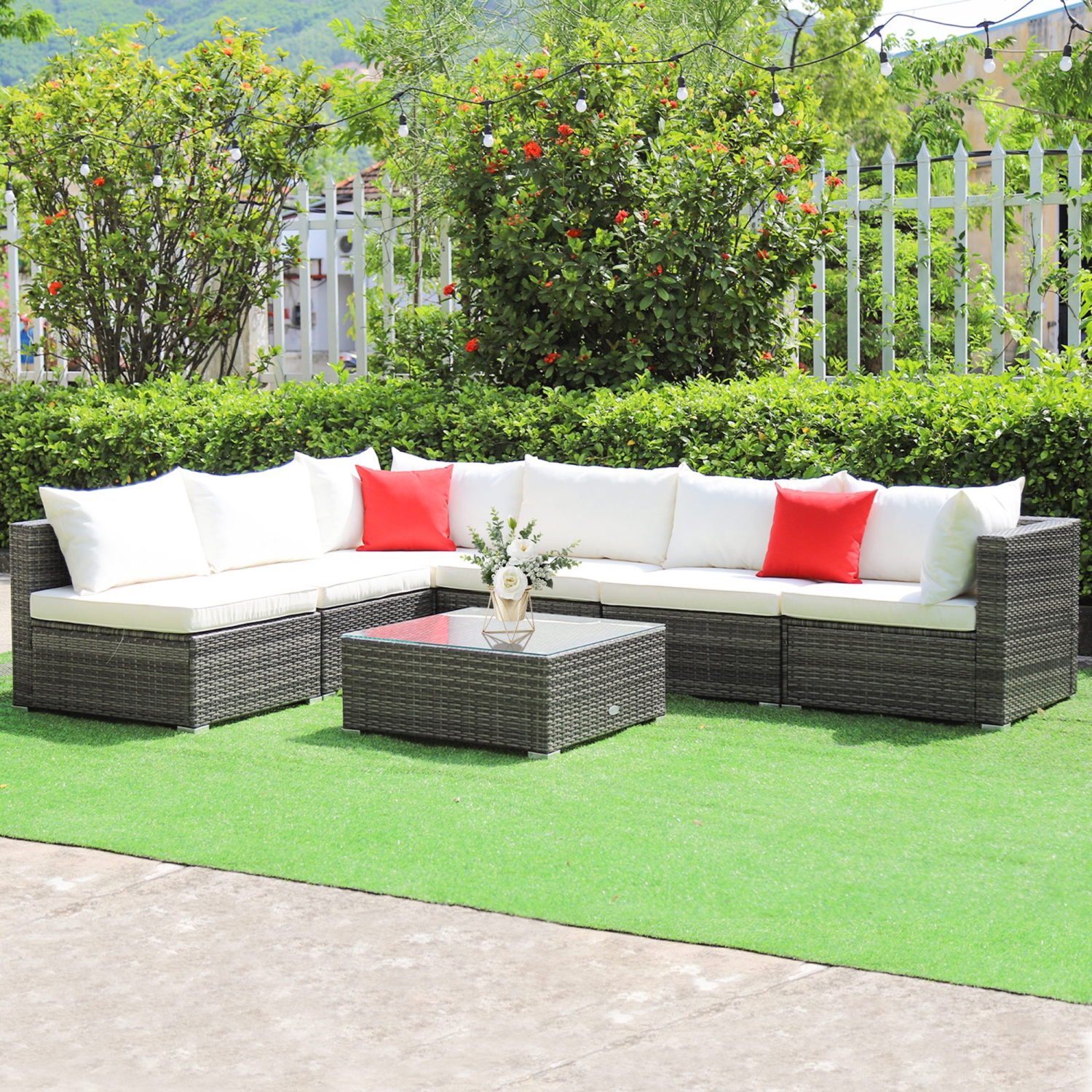 Gymax 7PCS Patio Rattan Sectional Sofa Set Outdoor Furniture Set w/ Cushions