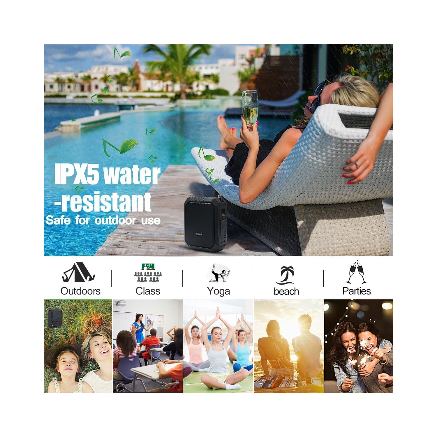 Amplificateur vocal portatif étanche avec microphone sans fil Bluetooth 5,0 Megaphone Haut-parleur 4400&nbsp;mAh 18&nbsp;W