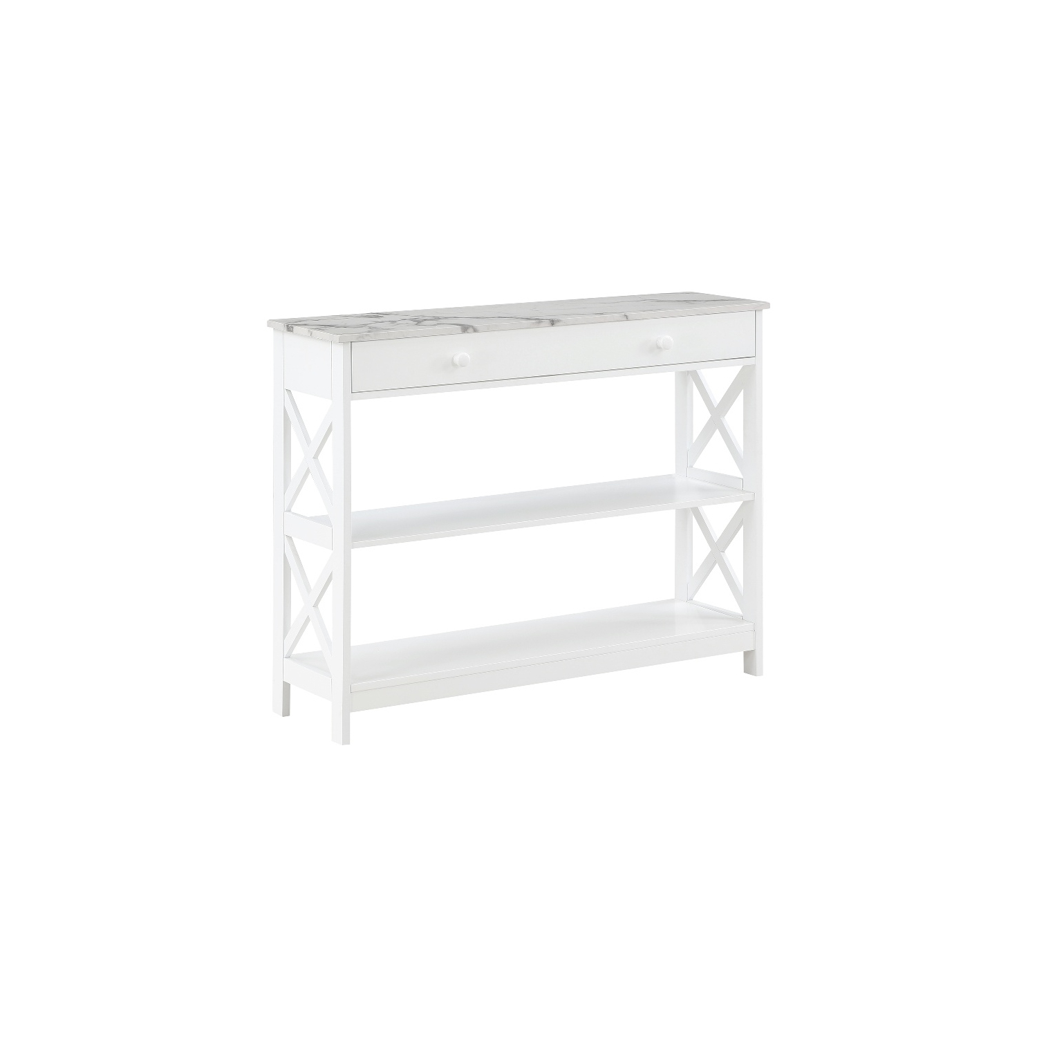 Oxford One-Drawer Console Table with Shelves in White Wood with Faux Marble Top