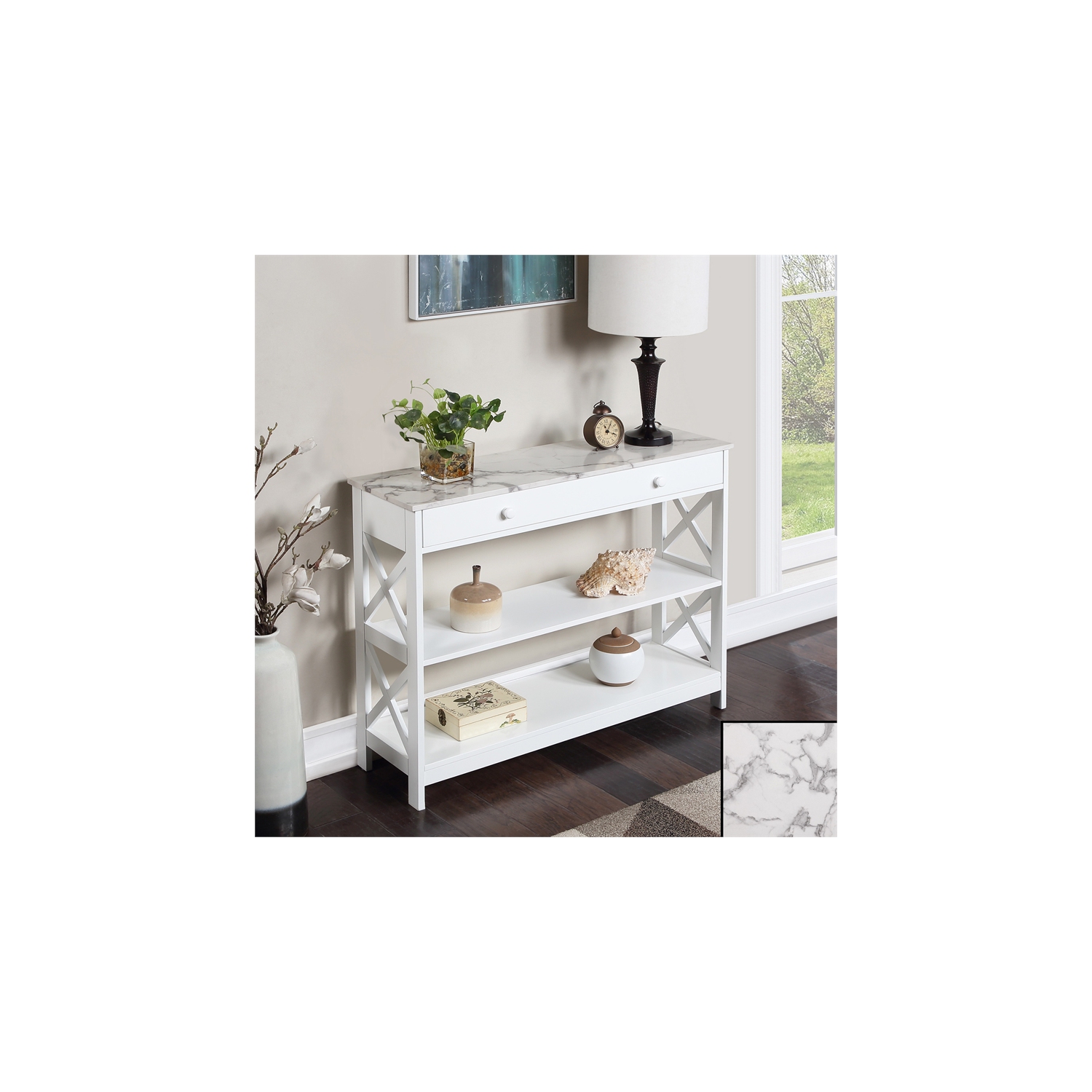 Oxford One-Drawer Console Table with Shelves in White Wood with Faux Marble Top