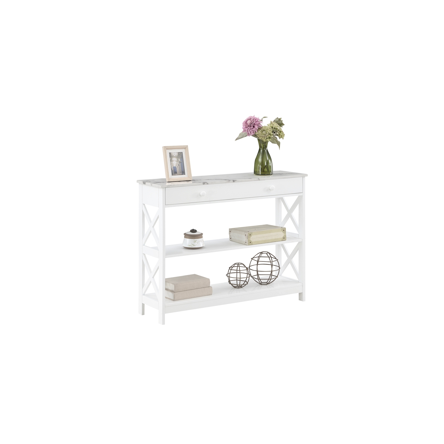 Oxford One-Drawer Console Table with Shelves in White Wood with Faux Marble Top