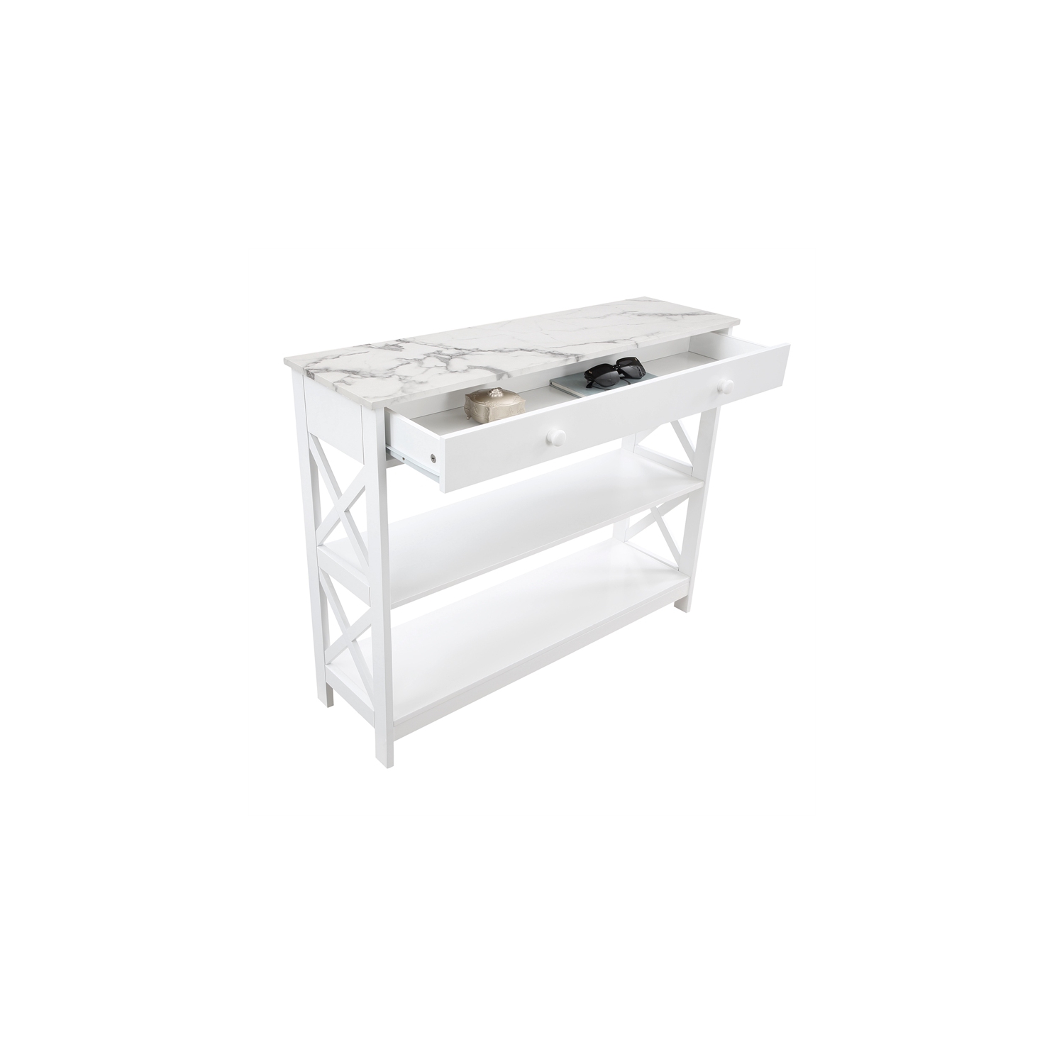 Oxford One-Drawer Console Table with Shelves in White Wood with Faux Marble Top