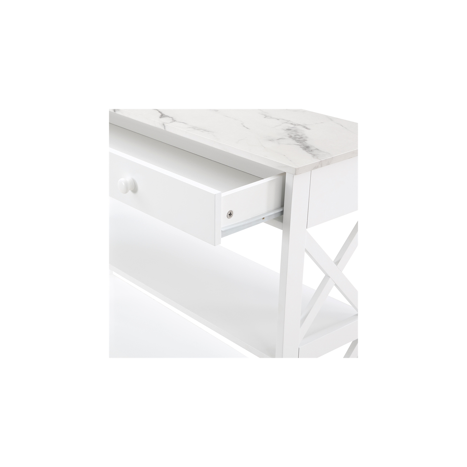 Oxford One-Drawer Console Table with Shelves in White Wood with Faux Marble Top