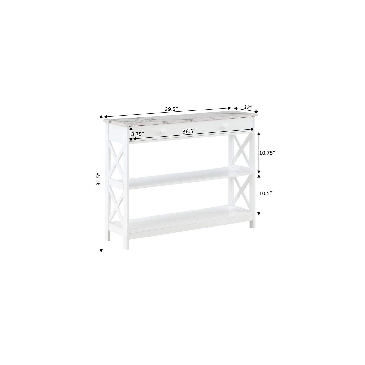 Oxford One-Drawer Console Table with Shelves in White Wood with Faux Marble Top