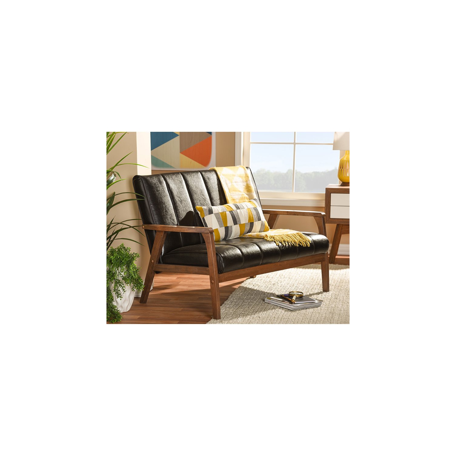 Baxton Studio – Causeuse en similicuir Nikko, espresso foncé et noyer