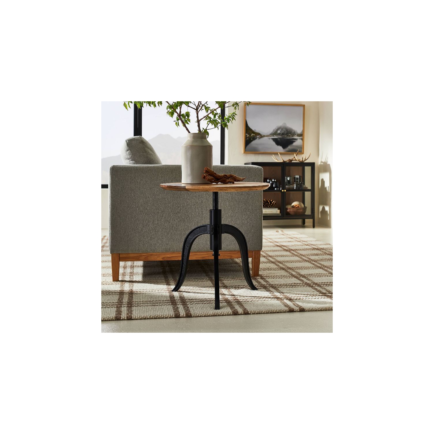 Round Wood End Table With Adjustable Height - Brown