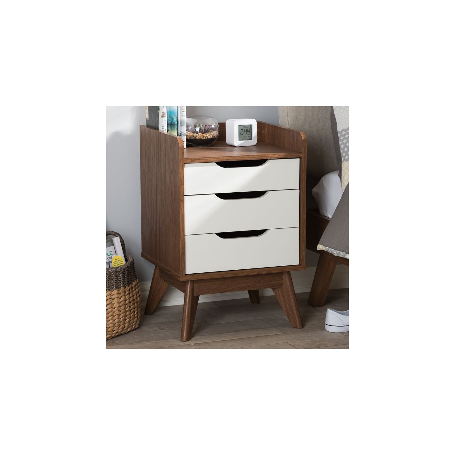 Baxton Studio Brighton 3 Drawer Nightstand in White and Walnut