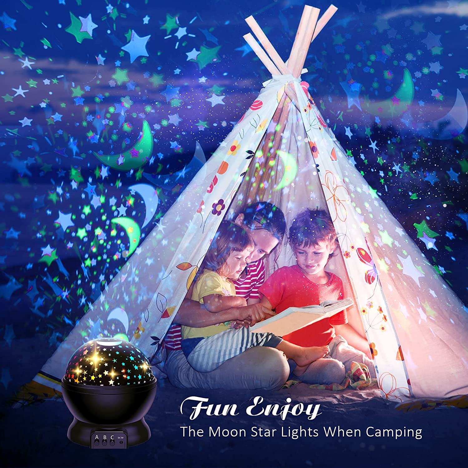 Star Night Light pour enfants, lune et projecteur d’étoiles Rotation à 360 degrés - 4 ampoules LED 9 Changement de couleur de lumière avec câble USB.