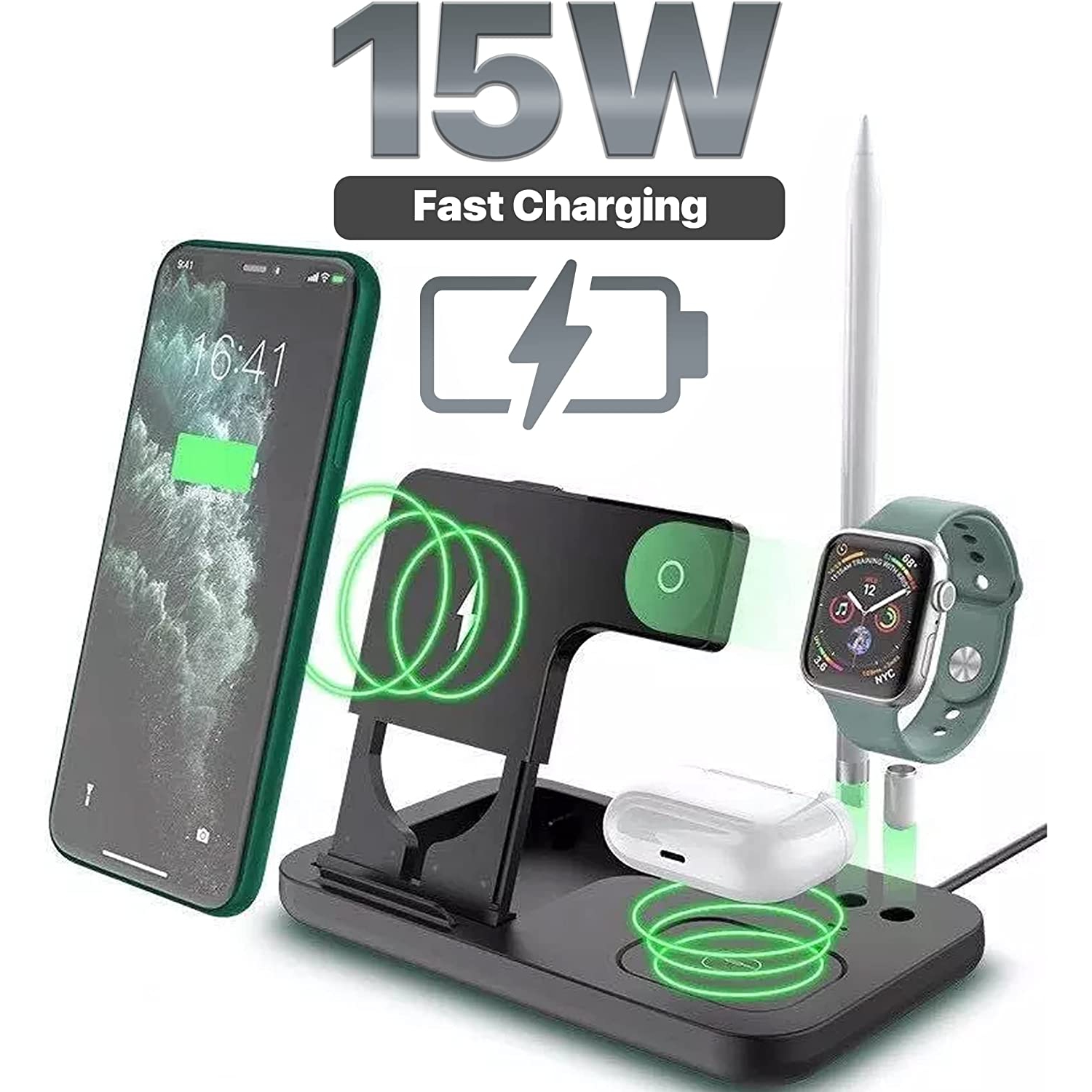 The Bigly Brothers 4-in-1 Wireless Charger Compatible with iPhone, iWatch, Airpods and Pencil, 15W Qi Fast Wireless Charging Station for iOS and Android