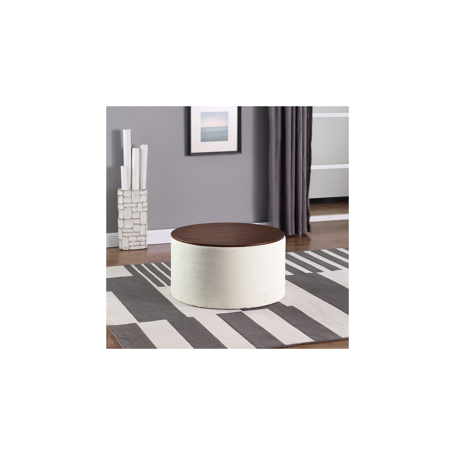 HomePop – Pouf de rangement moderne en tissu avec dessus en bois crème
