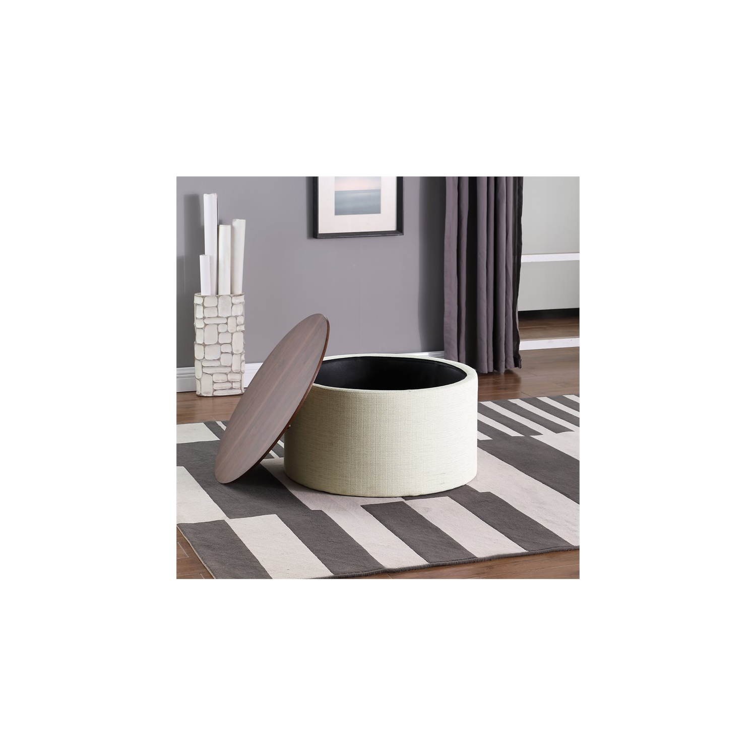 HomePop – Pouf de rangement moderne en tissu avec dessus en bois crème